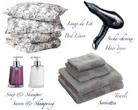 Équipement de toilette: Serviettes de toilette et draps, Gel douche, Shampoing, Savon, Papier Toilette, Lessive