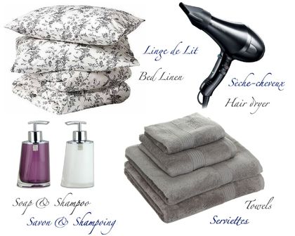 Équipement de toilette: Serviettes de toilette et draps, Gel douche, Shampoing, Savon, Papier Toilette, Lessive